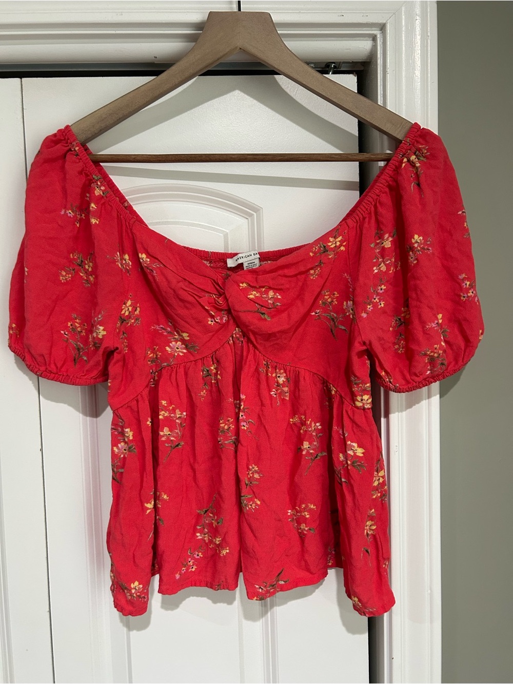 American Eagle Outfitters Coral Floral Off-Shoulder Faux Tie-Front Blouse